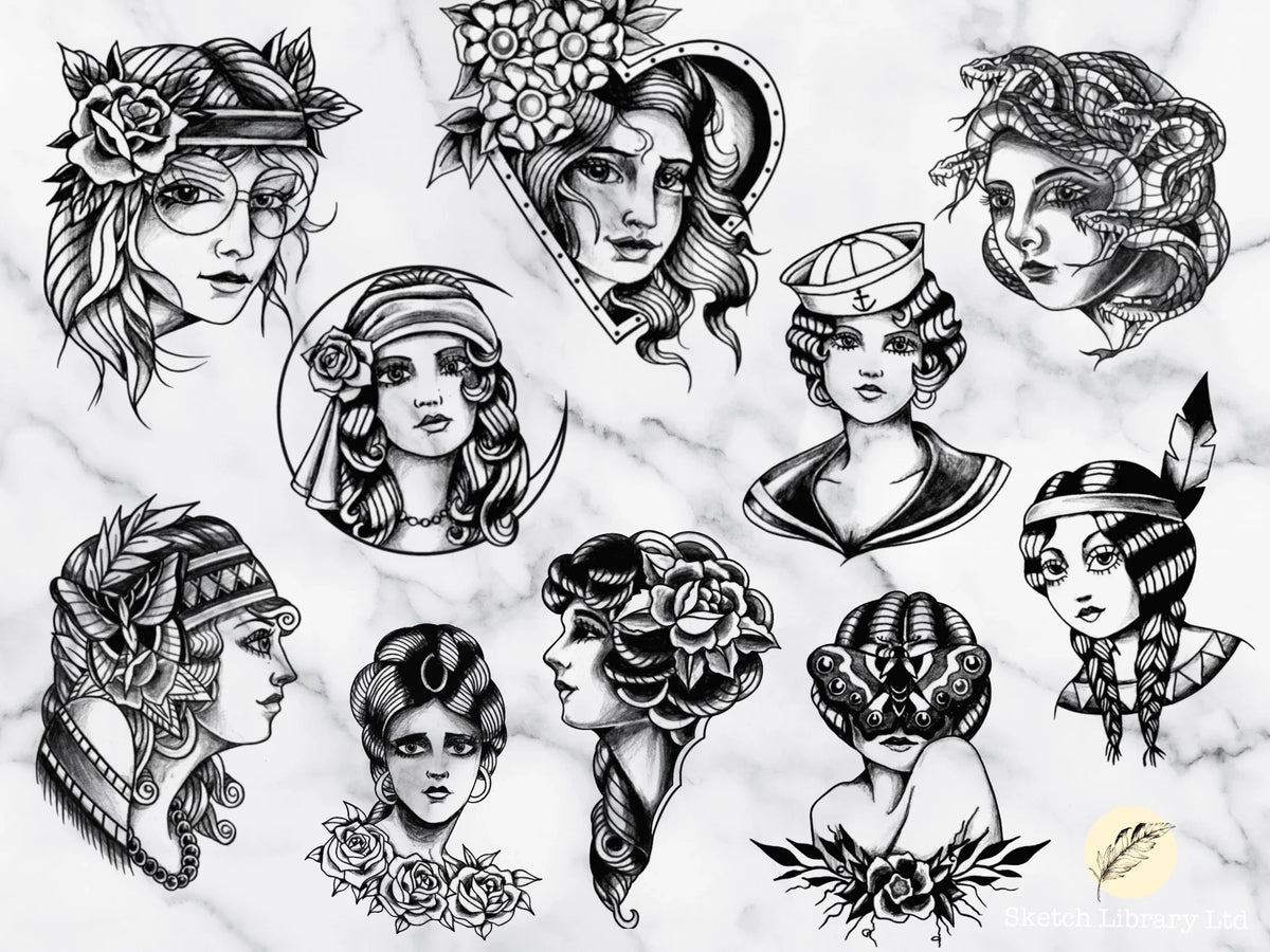 18 Traditional Girls Tattoo stamps // Brushes for Procreate – TATTOO ...