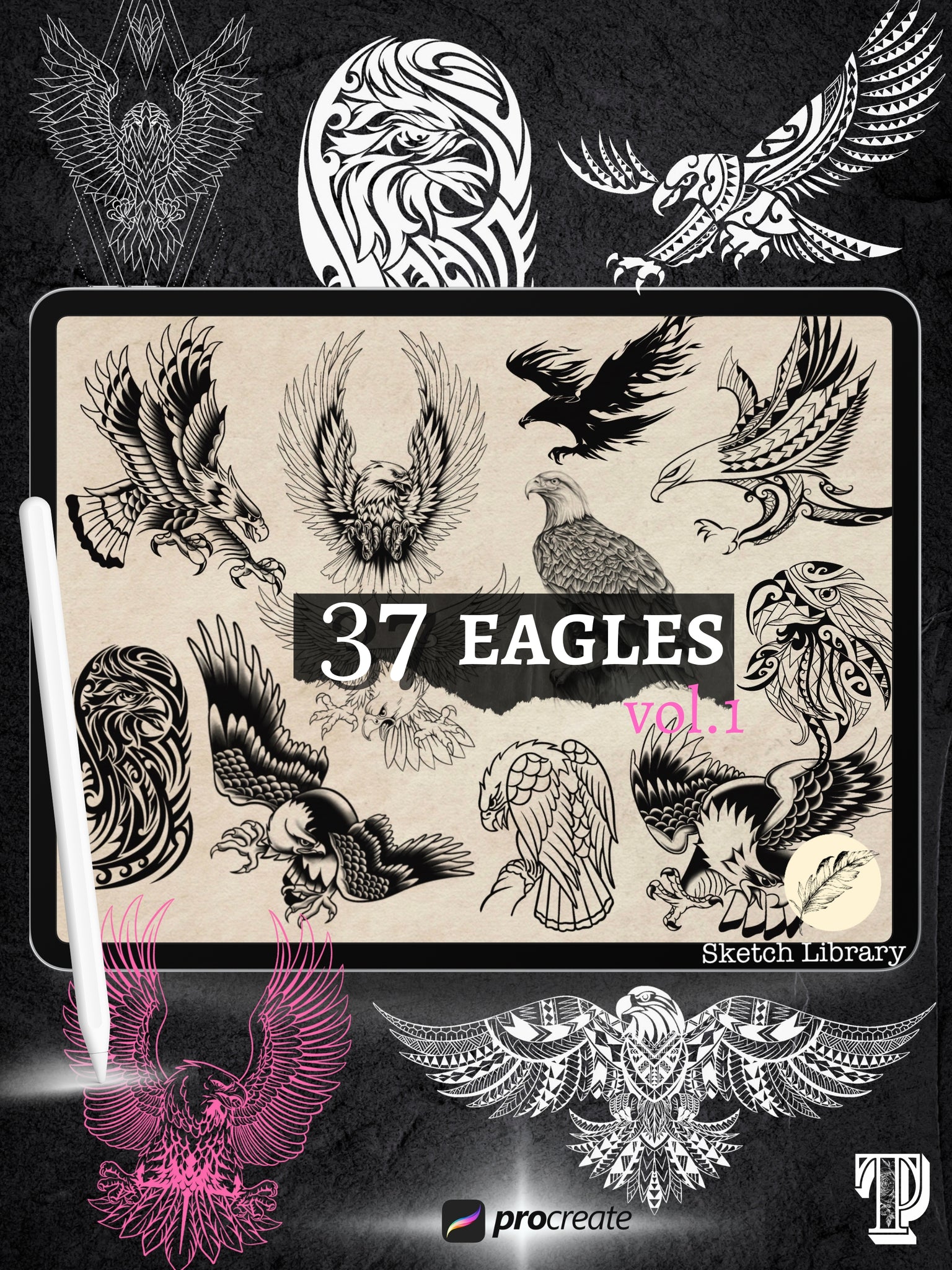Animaux Olschool Brushpack pour procréer, 180 tampons de tatouage, old school et mandala, style, pochoir, tigres, hiboux, panthères, serpents, phénix, serpents.