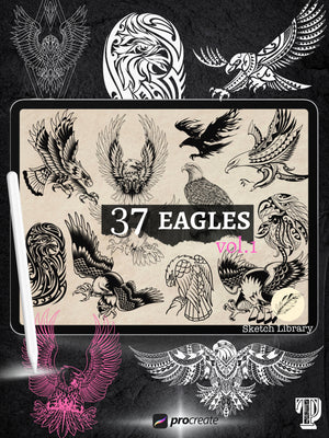 37 Eagles tattoo brushes for Procreate, stamps, outline for tattoo stencil, old school, polynesian, for ipad & ipad pro