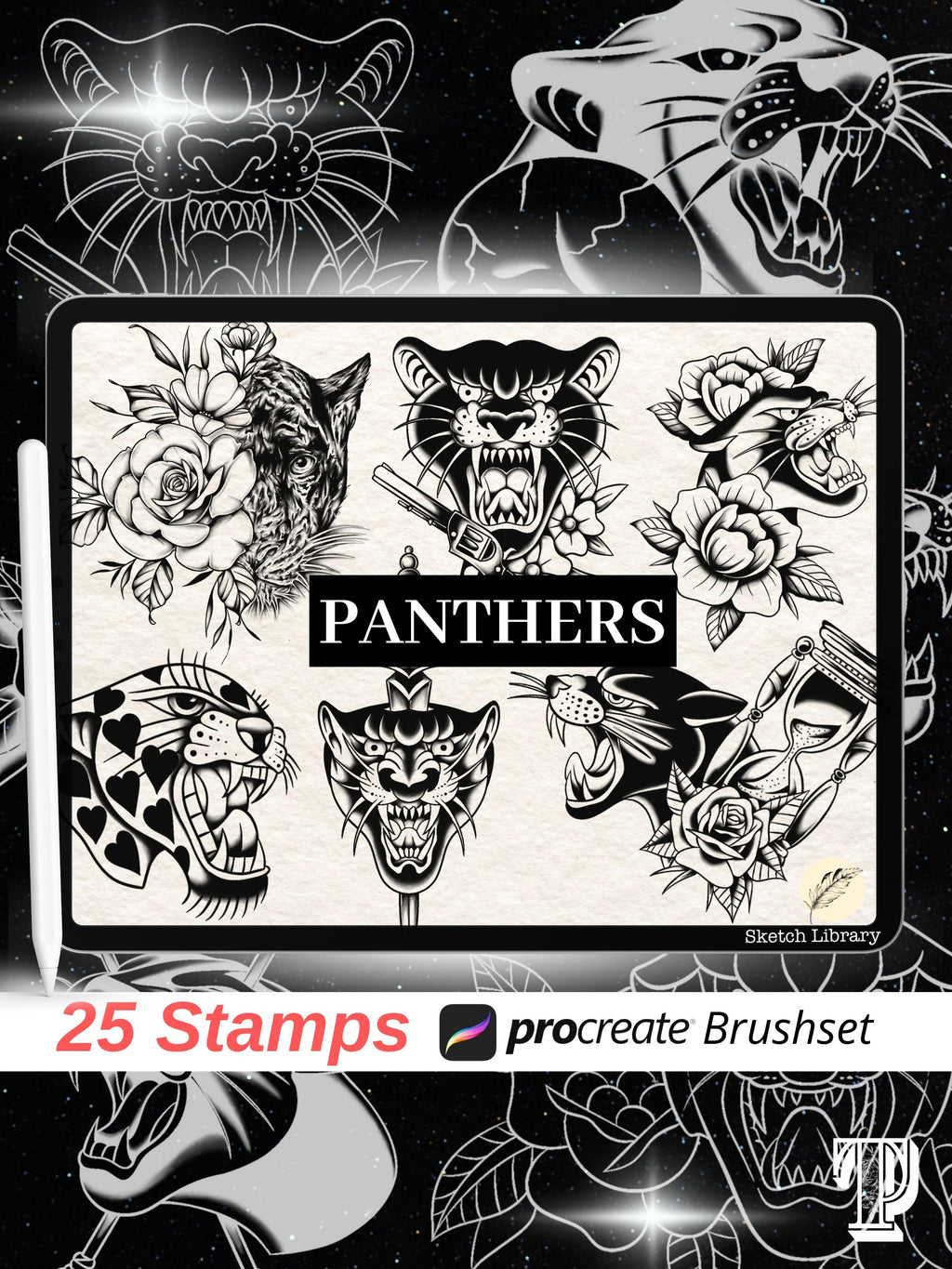 25 Panther tattoo brushes for Procreate // tattoo design, stamps, with outline version for stencil, old school, professional tattoo artist