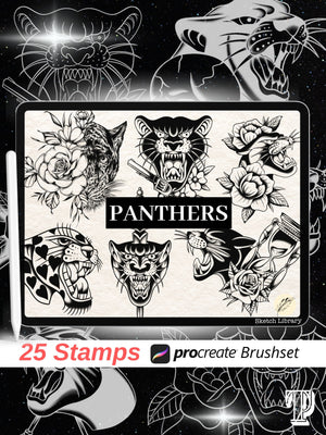 25 Panther tattoo brushes for Procreate // tattoo design, stamps, with outline version for stencil, old school, professional tattoo artist