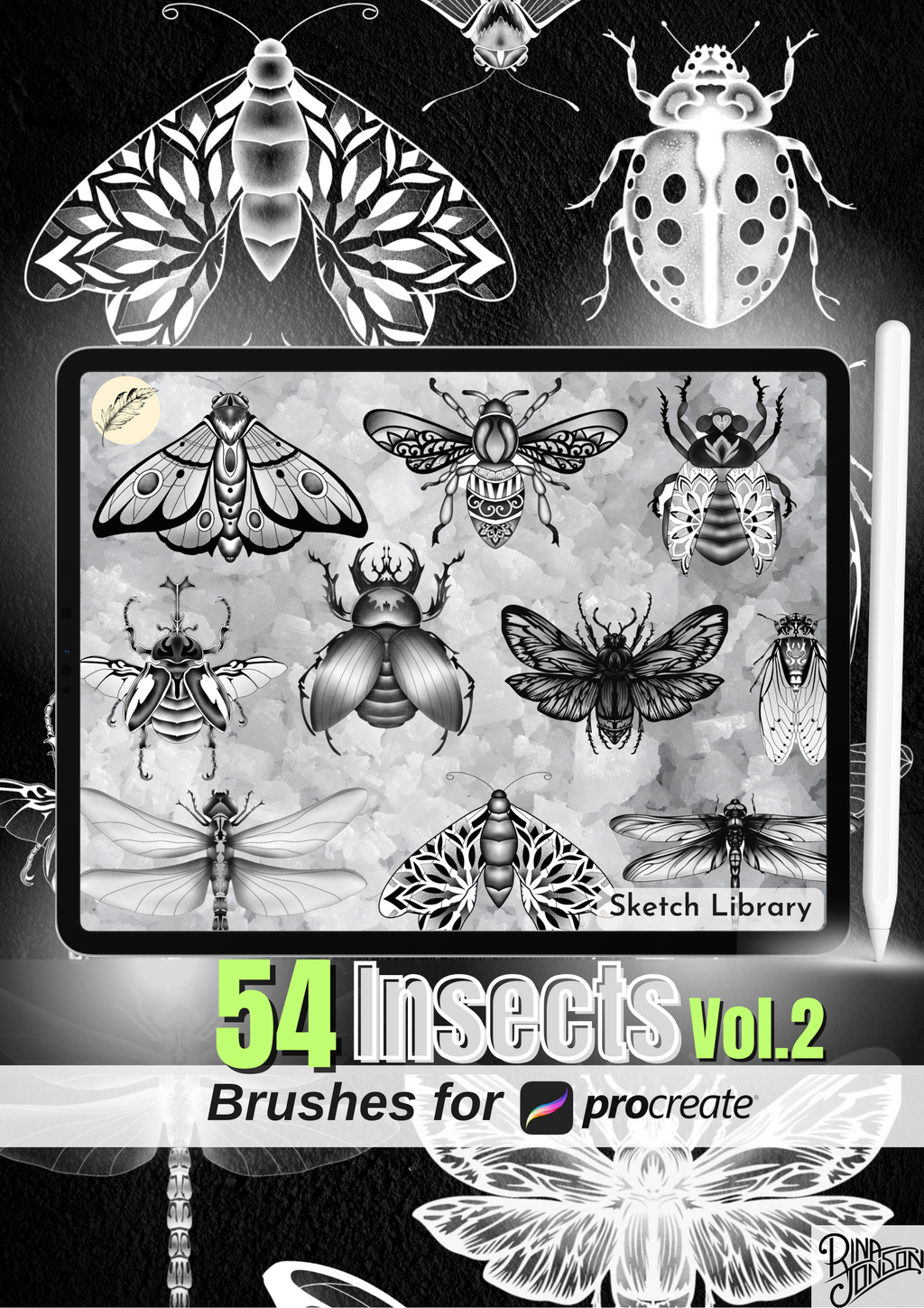 54 Insect Tattoo Brushes for Procreate, brush set, Tattoo Stamps for iPad & iPad Pro, stencil version, small commercial license