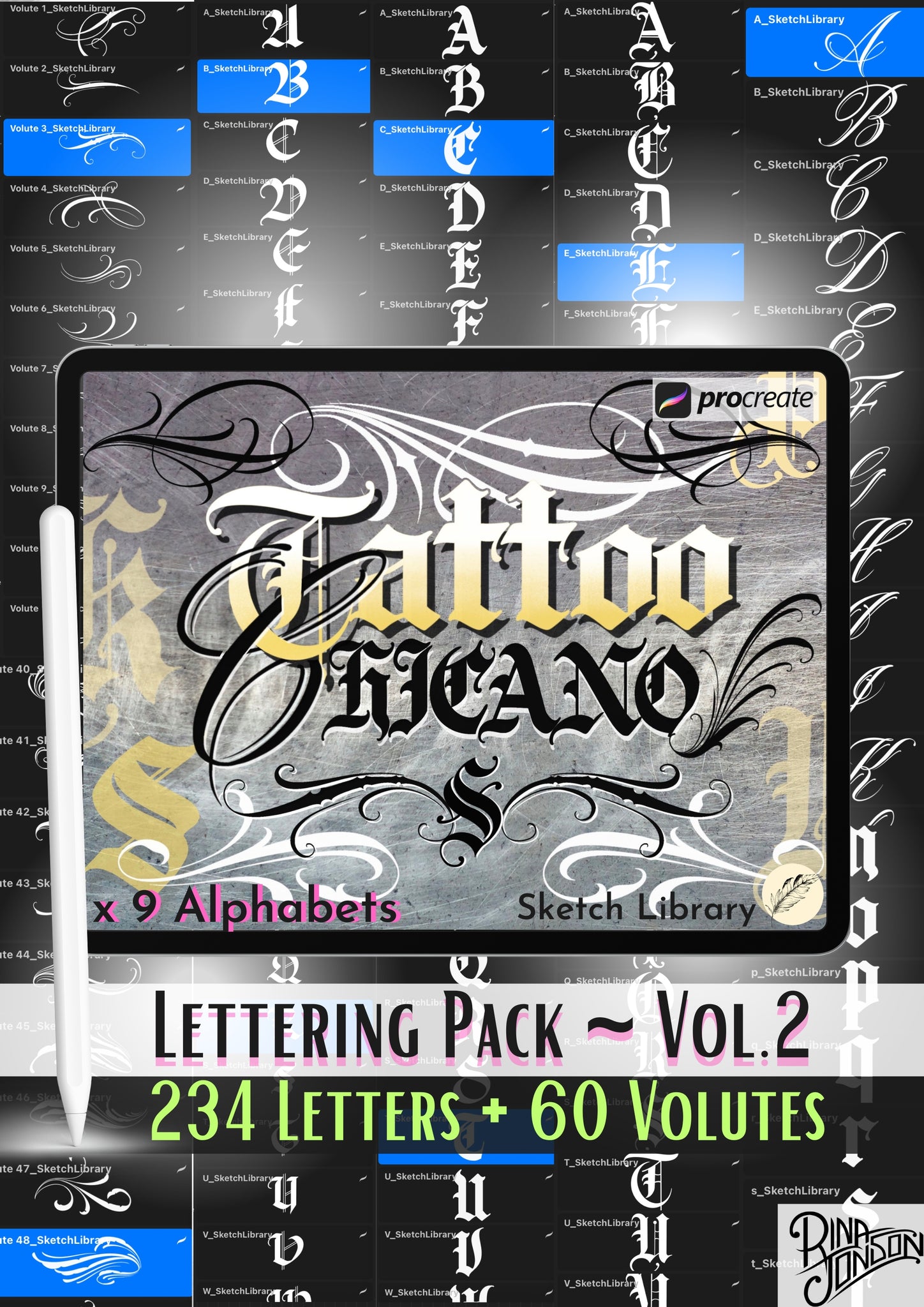 Chicano Lettering Pack vol.2, 9 Alphabets, 234 Chicano Gothic/Tattoo Letters brushes for Procreate,