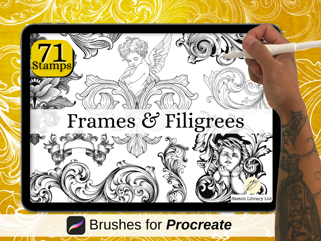 Frames and filigrees vol. 2 -  71 brushes stamps for procreate, tattoo stencil, outline version, for IPad and Ipad pro