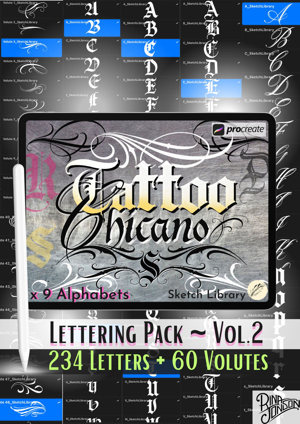 Chicano Lettering Pack vol.2, 9 Alphabets, 234 Chicano Gothic/Tattoo Letters brushes for Procreate,