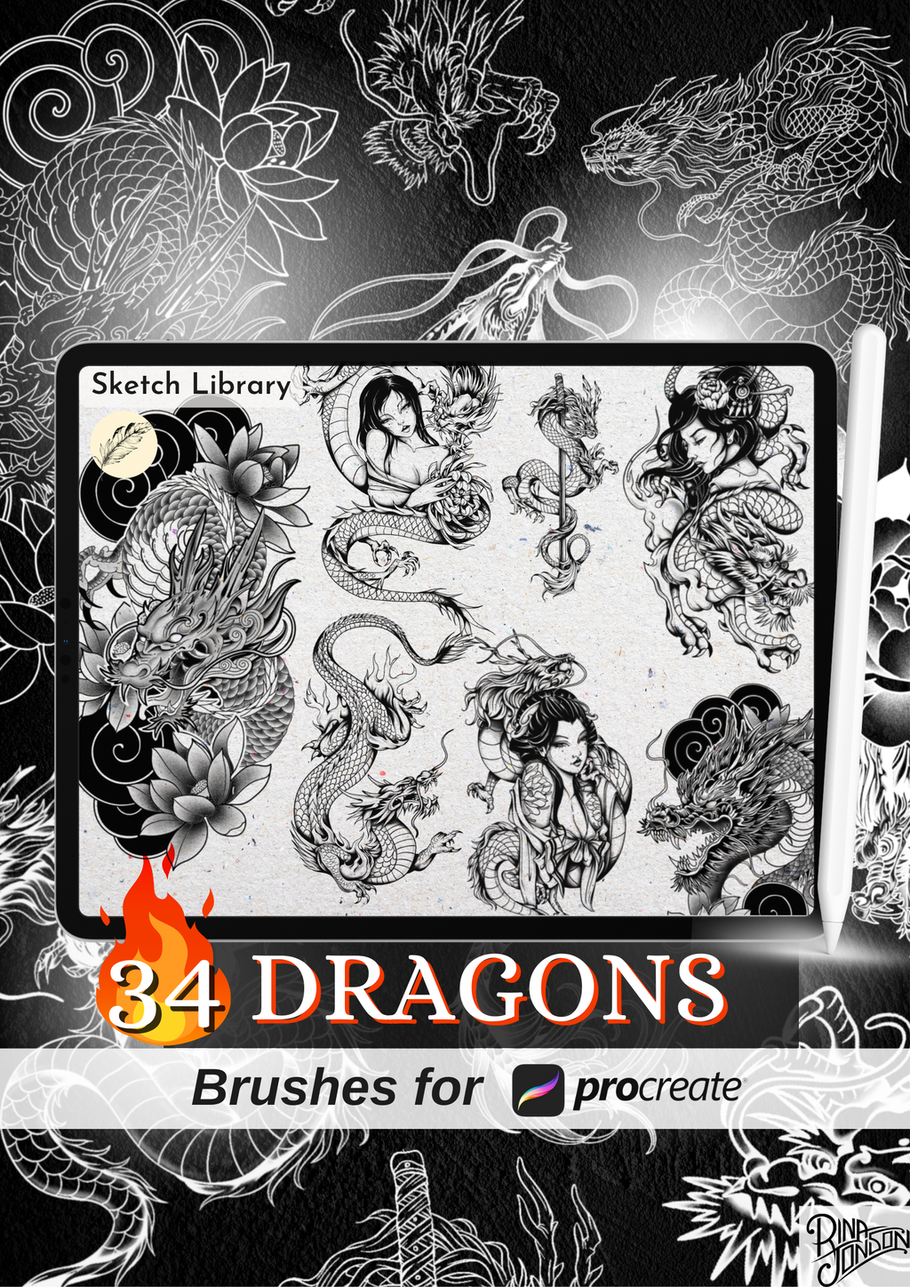 34 DRAGONS brushes for procreate, for Ipad and Ipad pro, Tattoo stamps, stencil, brushset