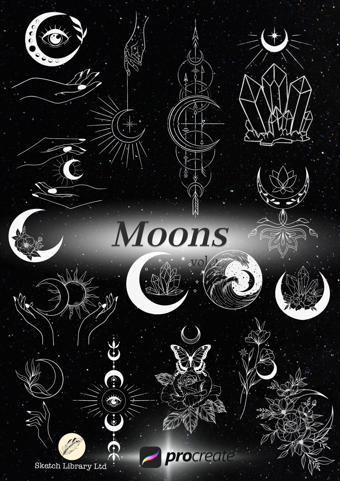 62 Moons brushes for procreate, TATTOO stamps, Ipad pro, ornamental tattoo design