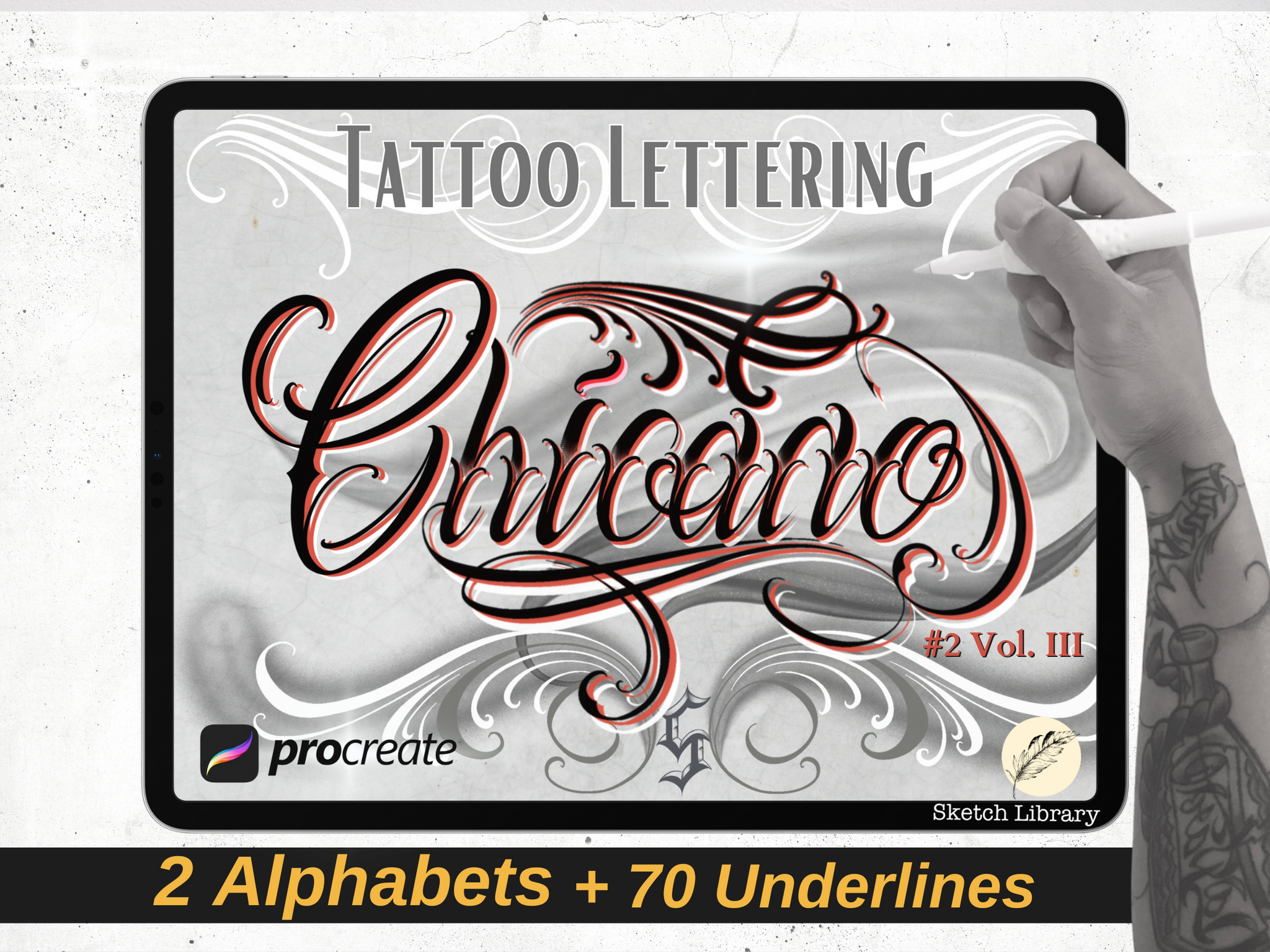 Chicano BrushPack Vol.3 11 Alphabets & Volutes brushes for procreate, Ipad and Ipad pro, tattoo stamps, stencil, font, calligraphy, graffiti