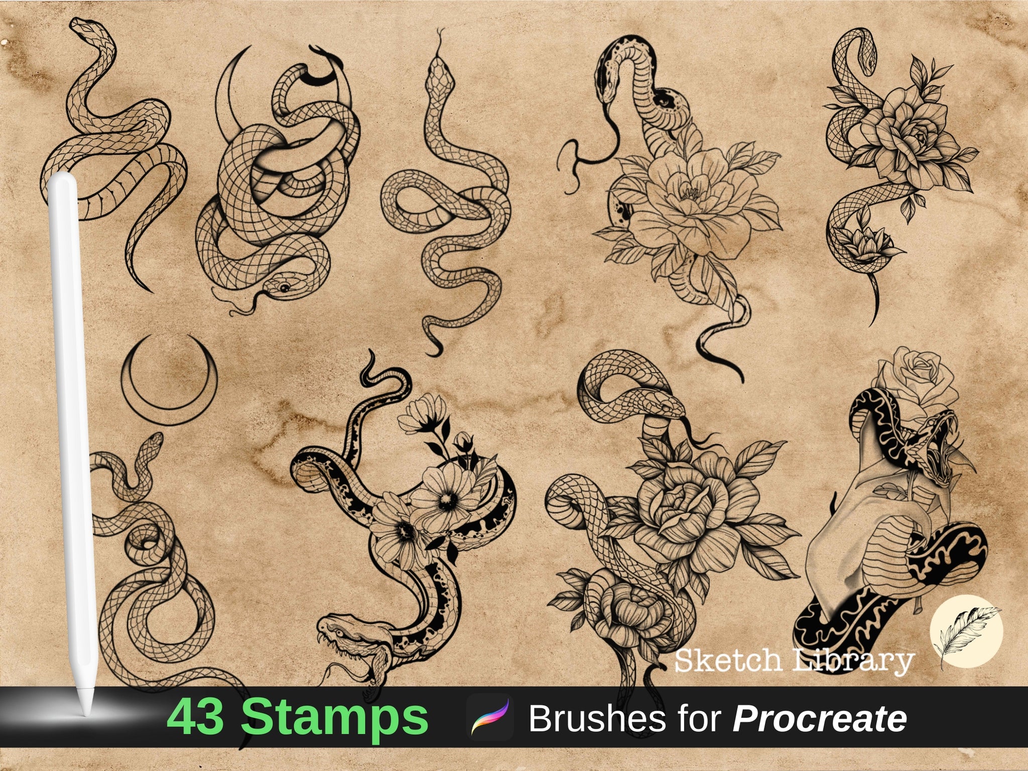 43 snakes brushes for procreate, tattoo design, tattoo stamps, for ipad & Ipad pro
