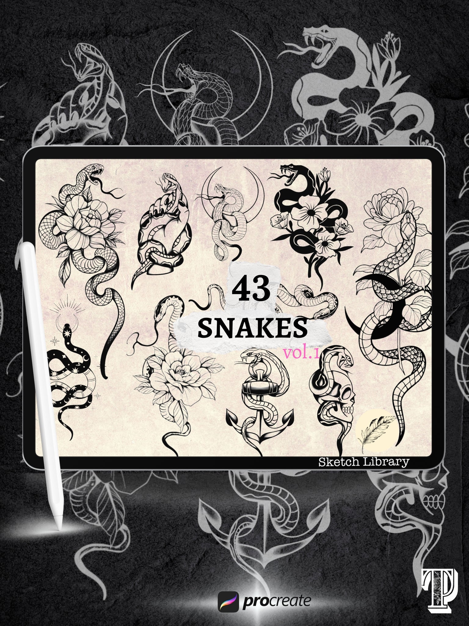Animaux Olschool Brushpack pour procréer, 180 tampons de tatouage, old school et mandala, style, pochoir, tigres, hiboux, panthères, serpents, phénix, serpents.