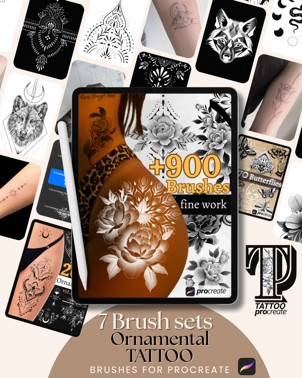 905 Ornamental Tattoo Brushes Pack for Procreate, mandala, peonies, roses, wolf, animal,  stencil, outline