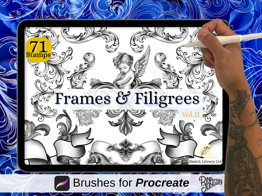 Frames and filigrees vol. 2 -  71 brushes stamps for procreate, tattoo stencil, outline version, for IPad and Ipad pro