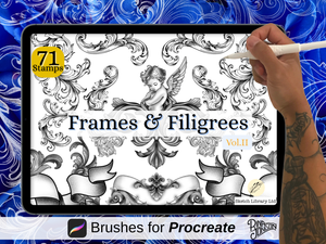 Frames and filigrees vol. 2 -  71 brushes stamps for procreate, tattoo stencil, outline version, for IPad and Ipad pro