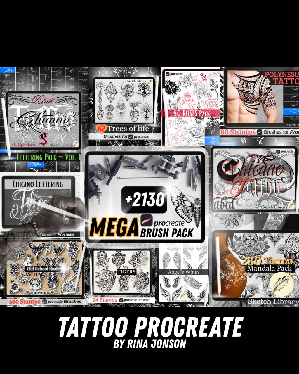 📦 MEGA Procreate Tattoo Pack VOL.1  of 2134 brushes for procreate