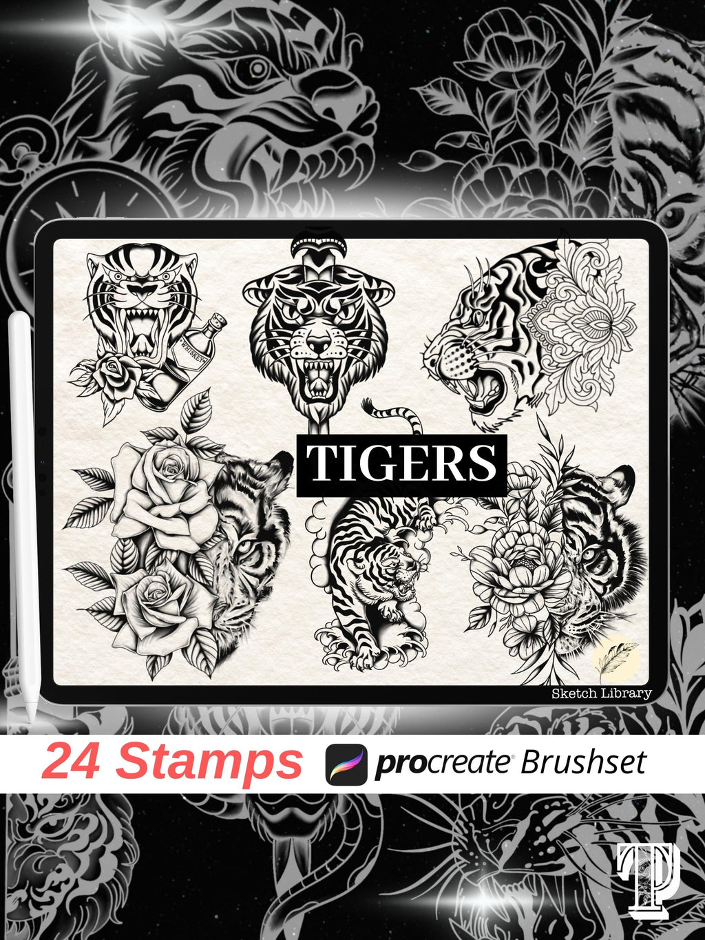 24 Tigers tattoo brushes for Procreate // tattoo stamps, with outline version for stencil, old school, for ipad and ipad pro