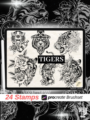 24 Tigers tattoo brushes for Procreate // tattoo stamps, with outline version for stencil, old school, for ipad and ipad pro