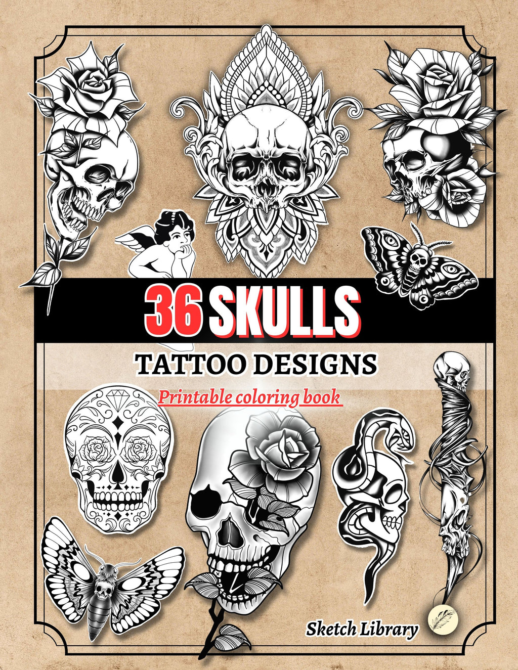Skull Tattoo Designs Coloring illustrations PDF format : 36 Mandala, Old School, and Realistic Skull Designs for Tattoo Artists