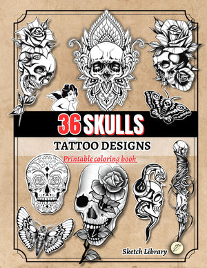 Skull Tattoo Designs Coloring Book PDF format : 36 Mandala, Old School, and Realistic Skull Designs for Tattoo Artists