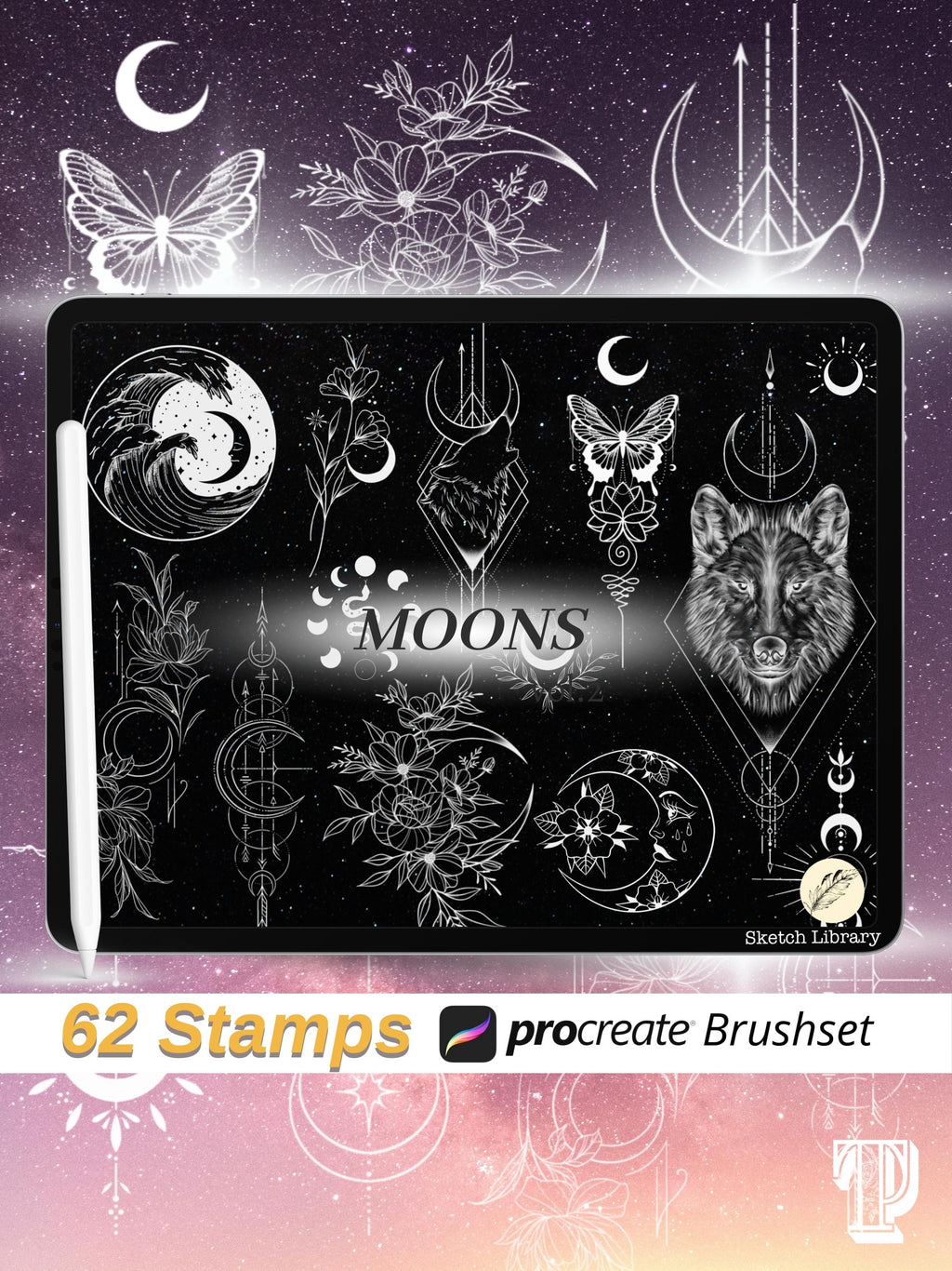 62 Moons brushes for procreate, TATTOO stamps, Ipad pro, ornamental tattoo design