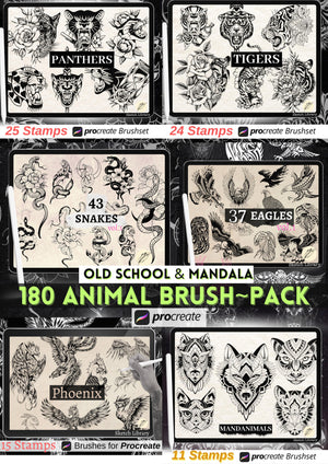 Animaux Olschool Brushpack pour procréer, 180 tampons de tatouage, old school et mandala, style, pochoir, tigres, hiboux, panthères, serpents, phénix, serpents.