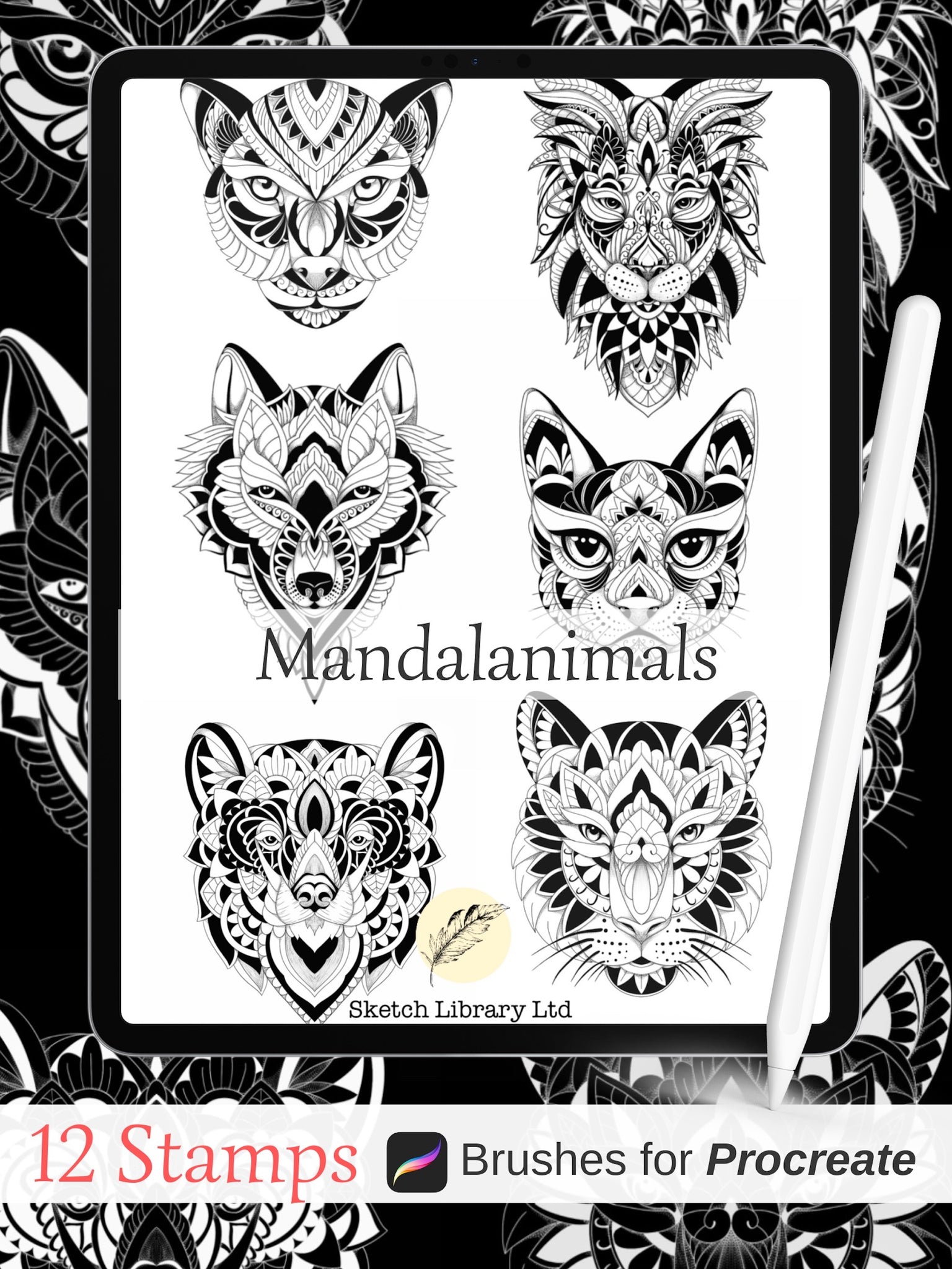 Animaux Olschool Brushpack pour procréer, 180 tampons de tatouage, old school et mandala, style, pochoir, tigres, hiboux, panthères, serpents, phénix, serpents.