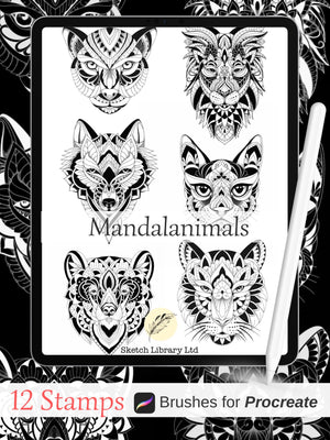 Animaux Olschool Brushpack pour procréer, 180 tampons de tatouage, old school et mandala, style, pochoir, tigres, hiboux, panthères, serpents, phénix, serpents.