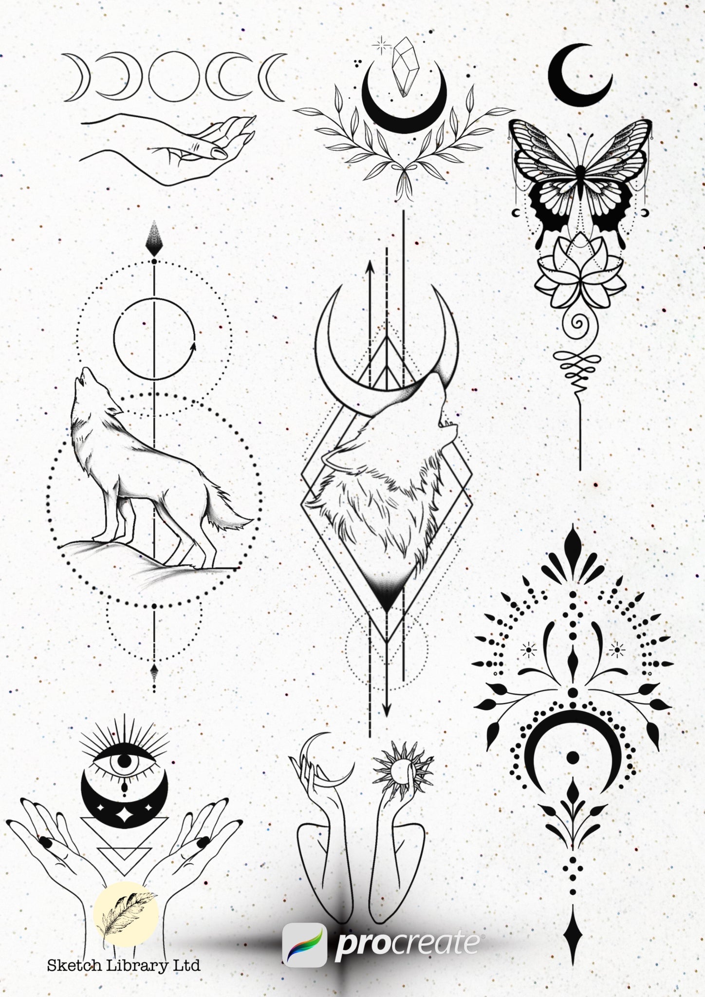 62 Moons brushes for procreate, TATTOO stamps, Ipad pro, ornamental tattoo design