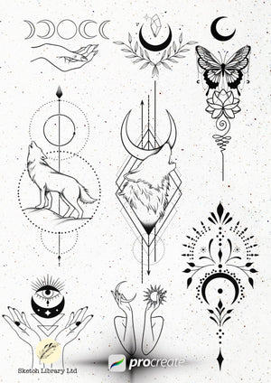 62 Moons brushes for procreate, TATTOO stamps, Ipad pro, ornamental tattoo design