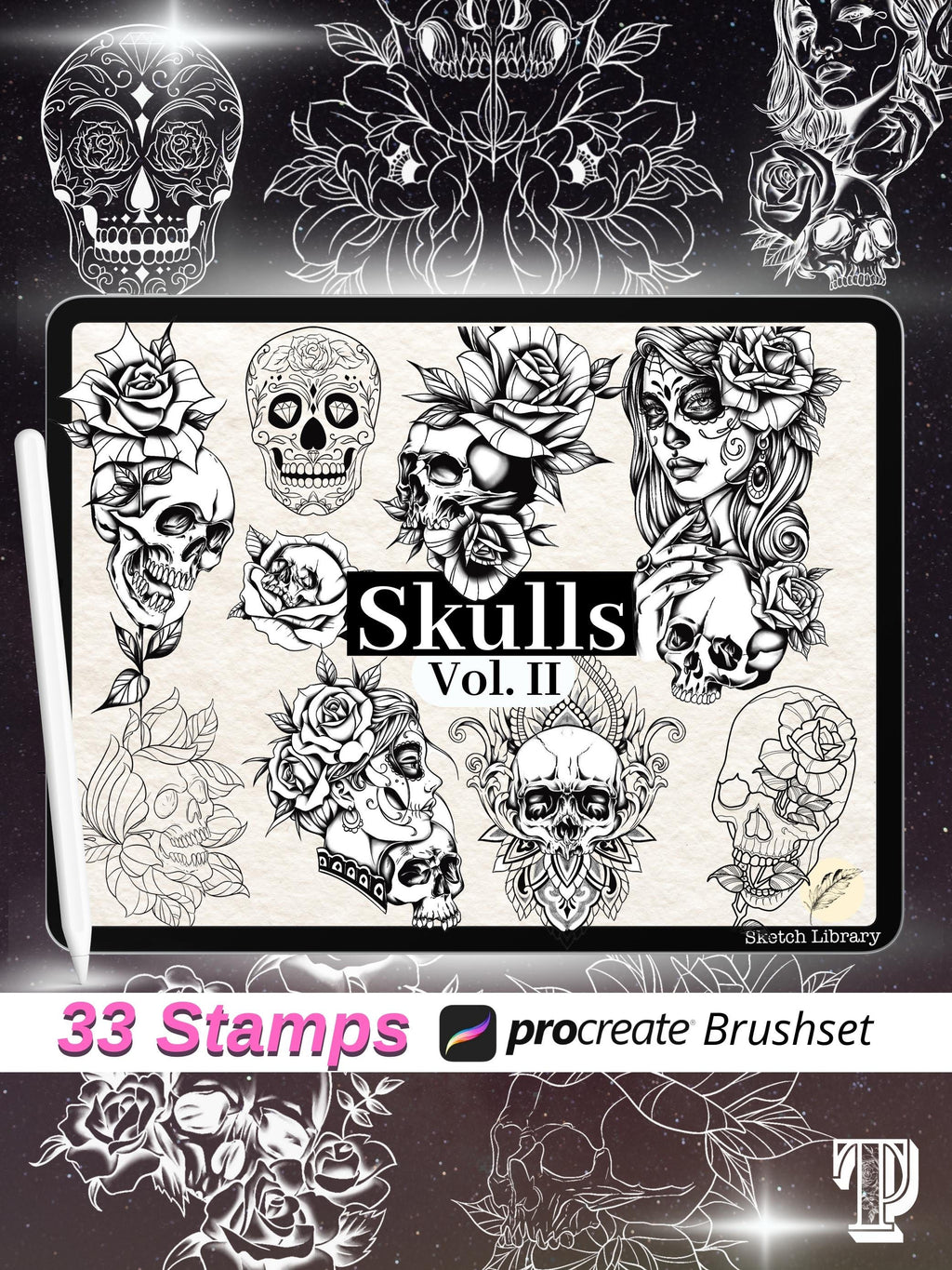 33 Skulls Tattoo Stamps vol. 1 // Brushes for Procreate, Catrina, mexican skulls, sugar skull,