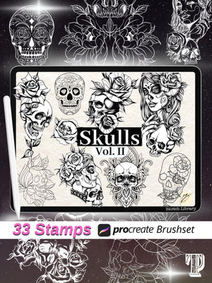 33 Skulls Tattoo Stamps vol. 1 // Brushes for Procreate, Catrina, mexican skulls, sugar skull,