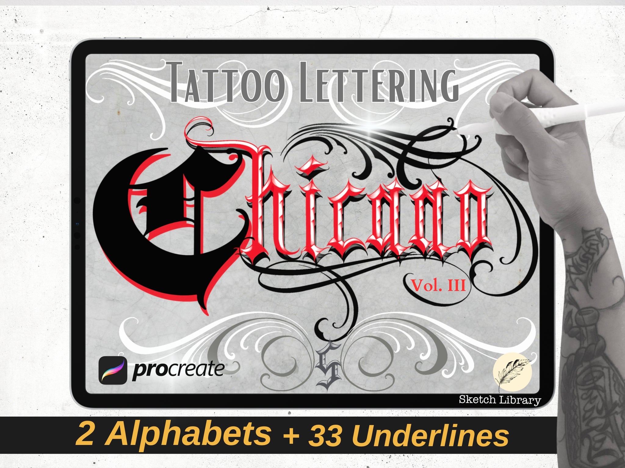 Chicano BrushPack Vol.3 11 Alphabets & Volutes brushes for procreate, Ipad and Ipad pro, tattoo stamps, stencil, font, calligraphy, graffiti
