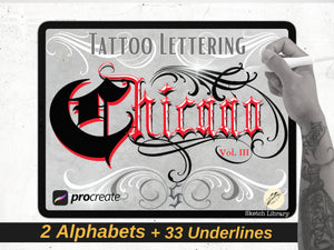 Chicano BrushPack Vol.3 11 Alphabets & Volutes brushes for procreate, Ipad and Ipad pro, tattoo stamps, stencil, font, calligraphy, graffiti