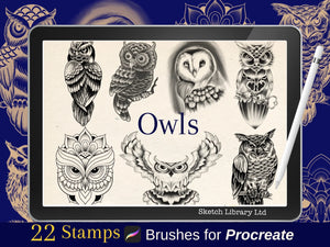 22 owl stamps // Brushes for procreate on ipad, tattoo procreate stamps, birds, ipad, license,