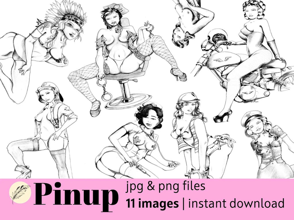 11 Vintage Pinup Digitals Stamps, sexy girls, livre de coloriage, fichiers jpg &amp; png, usage commercial