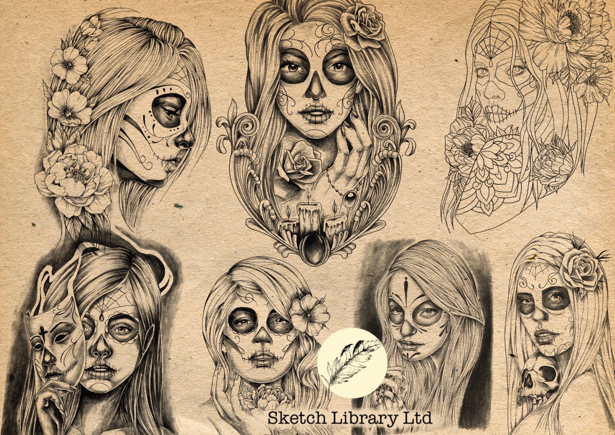 17 timbres de procréation La Catrina Tattoo Vol.2, pinceaux pour procréer, pochoir de tatouage