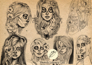 17 timbres de procréation La Catrina Tattoo Vol.2, pinceaux pour procréer, pochoir de tatouage