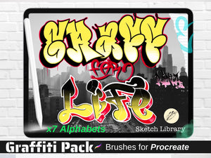 GRAFFITI PACK, 7 GRAFFITI vol.1 Alphabets, fonts, brushes for Procreate, stamps, calligraphy, chicano for IPad & IPad pro