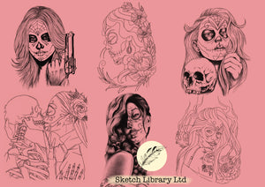 La Catrina designs 35 tattoo designs PDF format, digital book of inspiration and idea, dia de Muertos