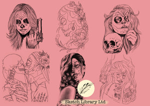 17 timbres de procréation La Catrina Tattoo Vol.2, pinceaux pour procréer, pochoir de tatouage