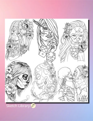 Digital and printable coloring book, 30 La Catrina tattoo, flash tattoo design, Dia de Muertos