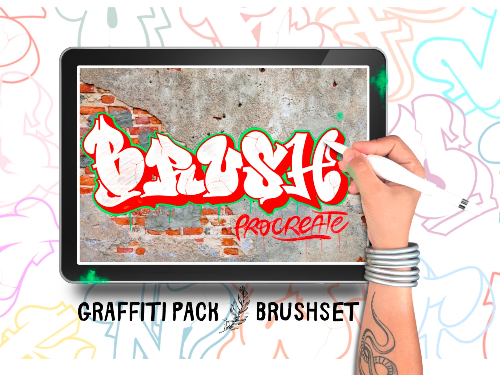 GRAFFITI PACK, 7 GRAFFITI vol.1 Alphabets, fonts, brushes for Procreate, stamps, calligraphy, chicano for IPad & IPad pro