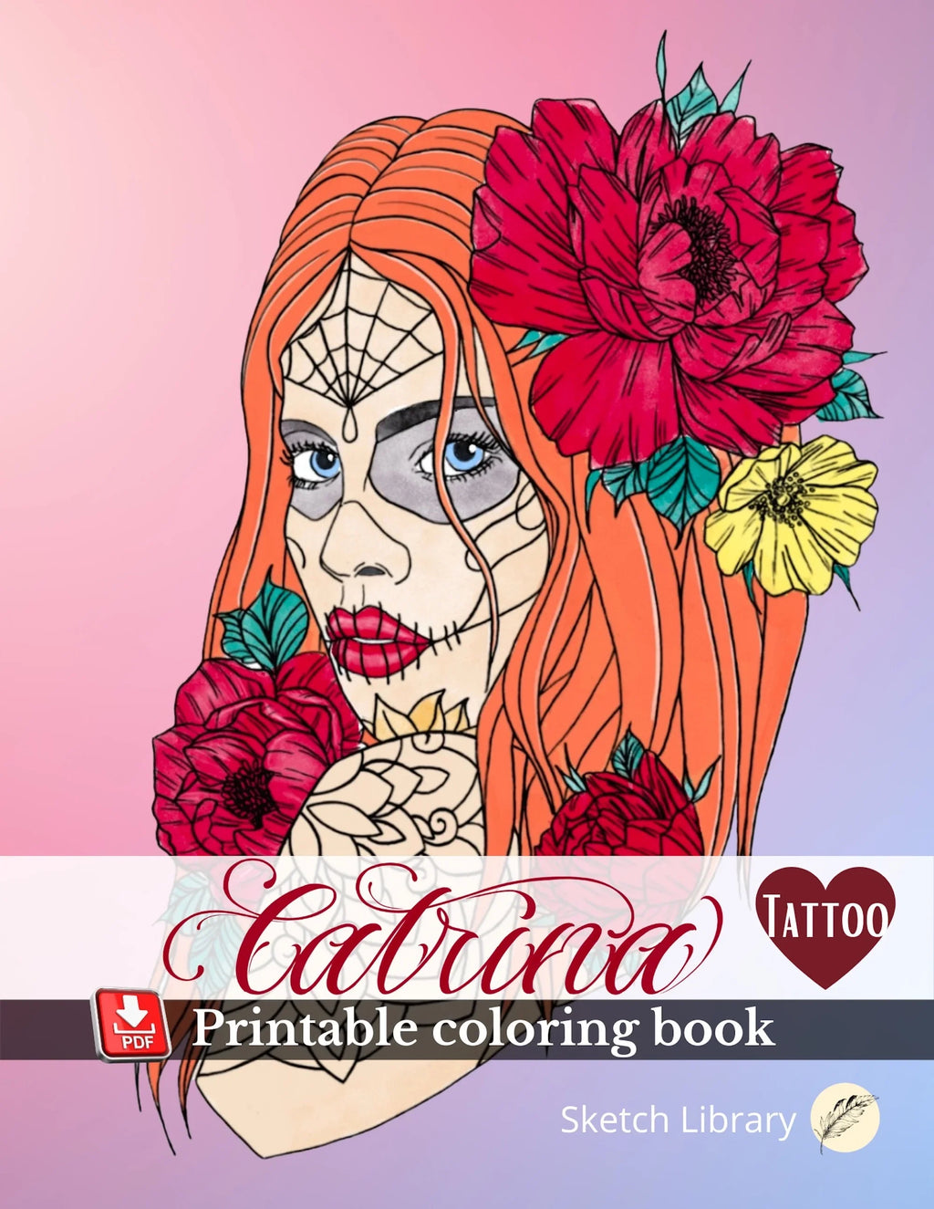Digital and printable coloring book, 30 La Catrina tattoo, flash tattoo design, Dia de Muertos